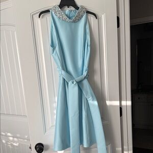 Badgley Mischka Sky Blue One Shoulder Dress with Silver Collar